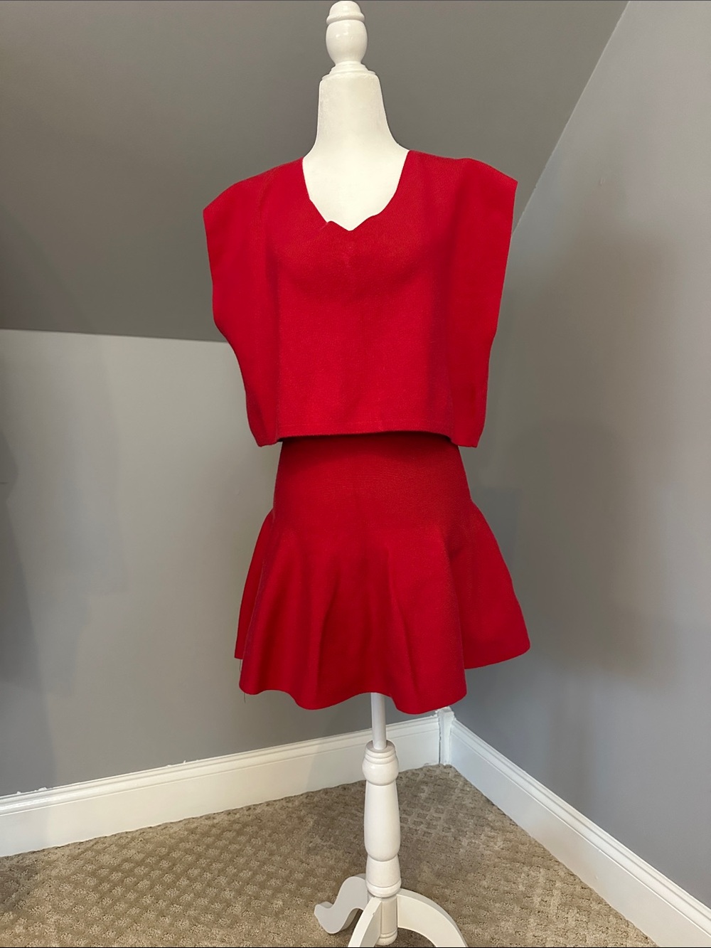 Women's Vibrant Red Two-Piece Skirt Set - Sleek Crop Top & Flared Mini Skirt